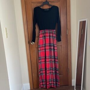 Zesica Dress Black Top with Red Plaid Skirt Long Sleeve Dress
